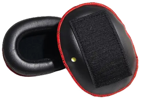 a pair of earphones with a black and red stitching